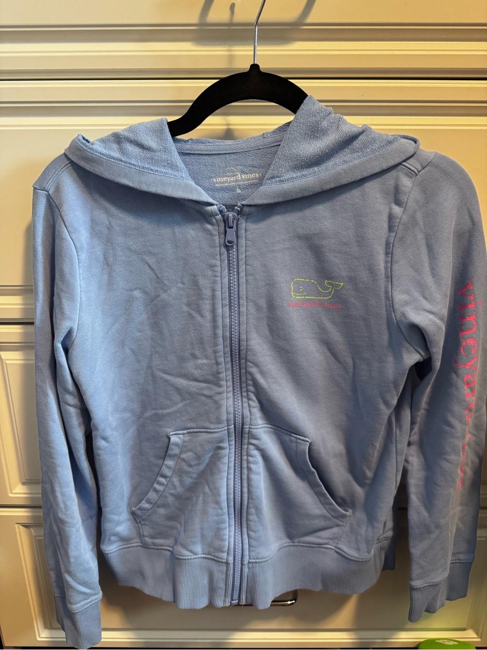 Vineyard Vines Girls' Light Blue Zip Hoodie with Pink Sleeve Logo